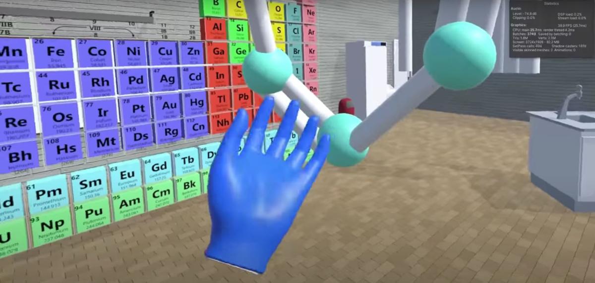 A screenshot from an EduReality demo shows chemistry students putting together molecules in a virtual laboratory. The startup aims to offer a virtual reality alternative to in-person labs for college students. Courtesy of EduReality