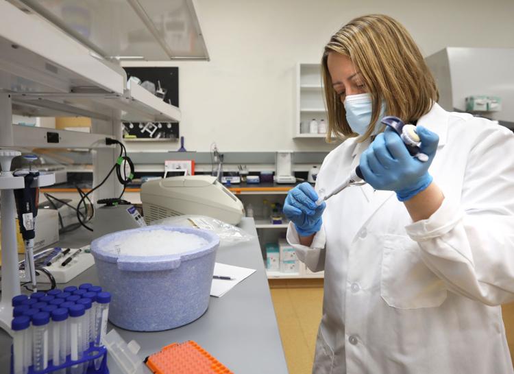 Jennifer Gagne, a scientist with Endsulin, works on developing specialized DNA for use in a gene therapy for type 1 diabetes at Forward Biolabs in Madison. 