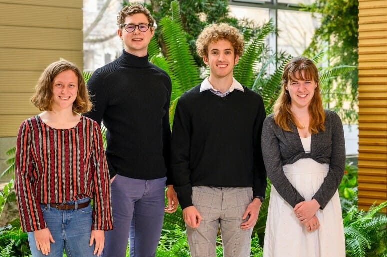 From left to right, UW–Madison undergraduates Sarah Fahlberg, Samuel Neuman, Elias Kemna, and Lucy Steffes are each recipients of the 2022 Barry M. Goldwater Scholarship for undergraduate excellence in the sciences. The group is pictured at the Wisconsin Institutes for Discovery. PHOTO: ALTHEA DOTZOUR