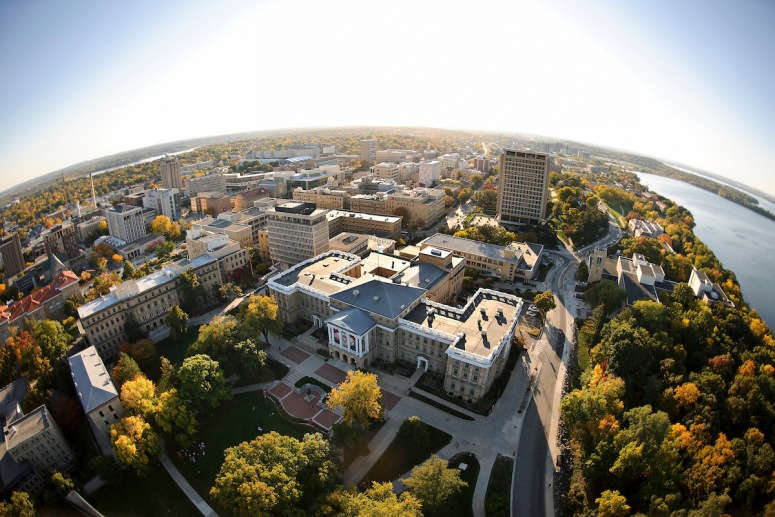 Bascom Hall is pictured in an aerial view of the University of Wisconsin–Madison campus. PHOTO: JEFF MILLER