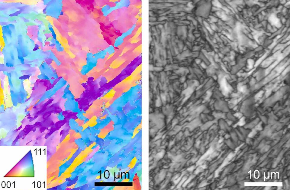 A microscopic image of 3D-printed 17-4 stainless steel. The colors in the left-side version of the image represent the differing orientations of crystals within the alloy. Credit: Q. Guo/University of Wisconsin-Madison