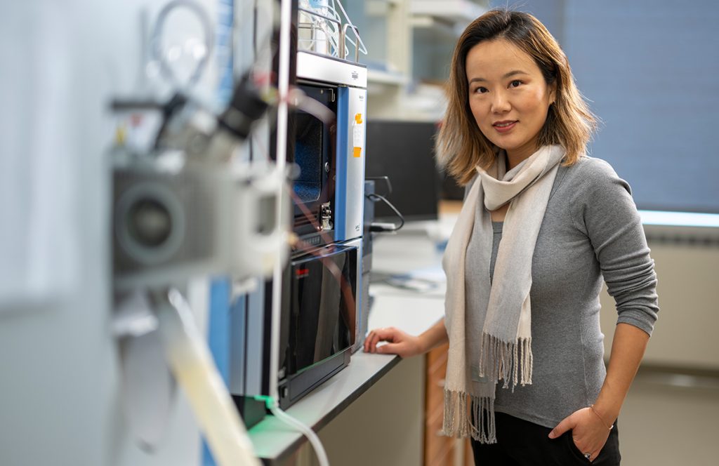 Jing Fan, assistant professor of nutritional sciences at CALS and investigator at the Morgridge Institute for Research (MIR), in her MIR lab at the Discovery Building on the UW campus. Photo by Morgridge Institute for Research/David Nevala