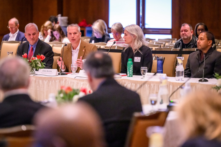 Chris Kozina, assistant vice chancellor and senior advisor on industry engagement in University Relations, spoke about strengthening public-private partnerships during a panel discussion at the UW Board of Regents meeting on Feb. 9. Photo: Althea Dotzour