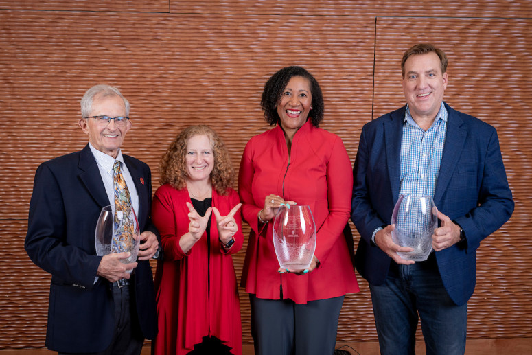 Chancellor Jennifer L. Mnookin, second from left, poses with the winners of the 2024 Chancellor’s Entrepreneurial Achievement Award at the Gordon Dining & Event Center on April 18. From left are James Dahlberg, Mnookin, Dorri McWhorter and Mark Bakken.